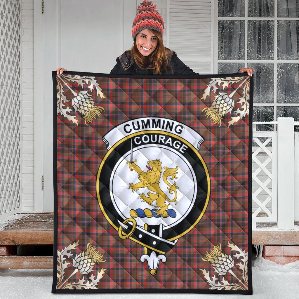 Cumming Hunting Weathered Tartan Crest Premium Quilt - Gold Thistle Style