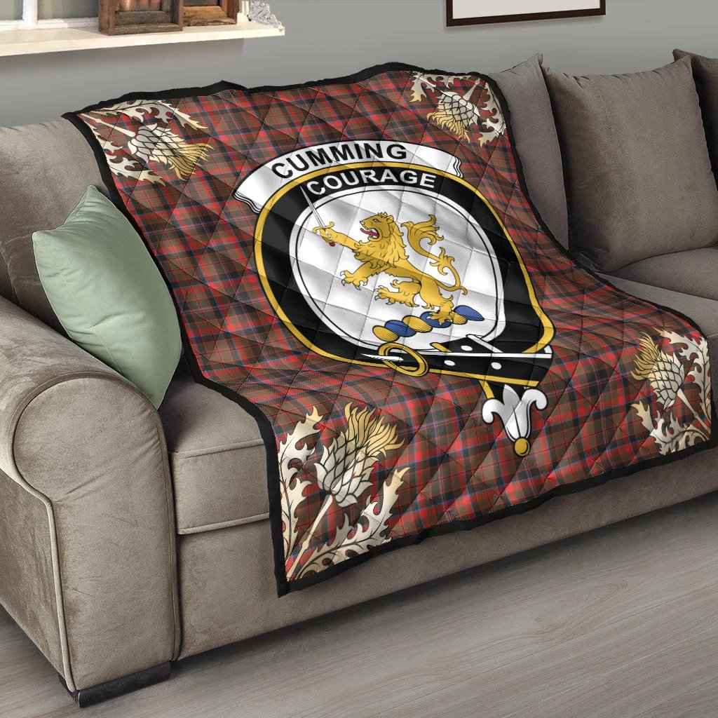 Cumming Hunting Weathered Tartan Crest Premium Quilt - Gold Thistle Style