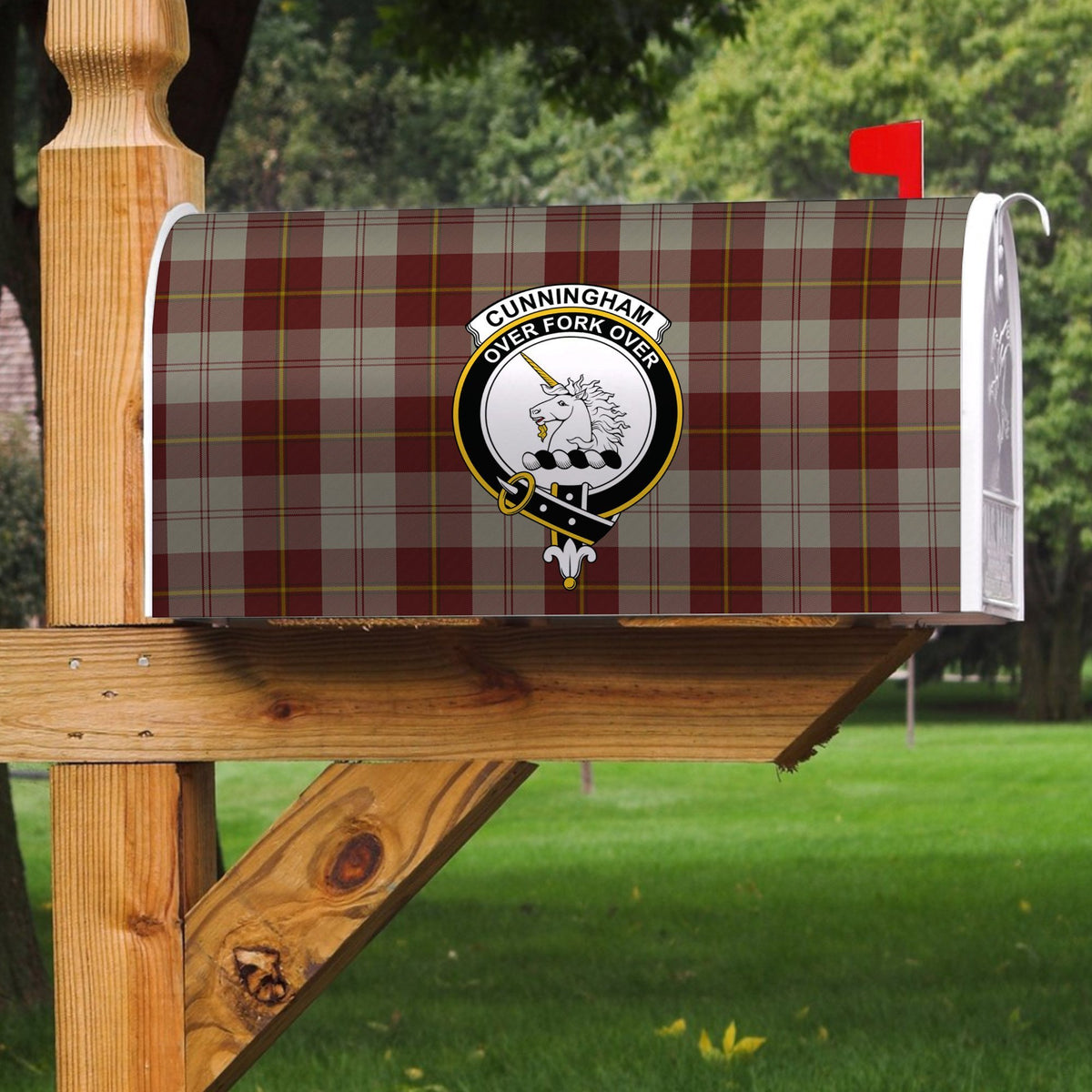 Cunningham Burgundy Dancers Tartan Crest Mailbox