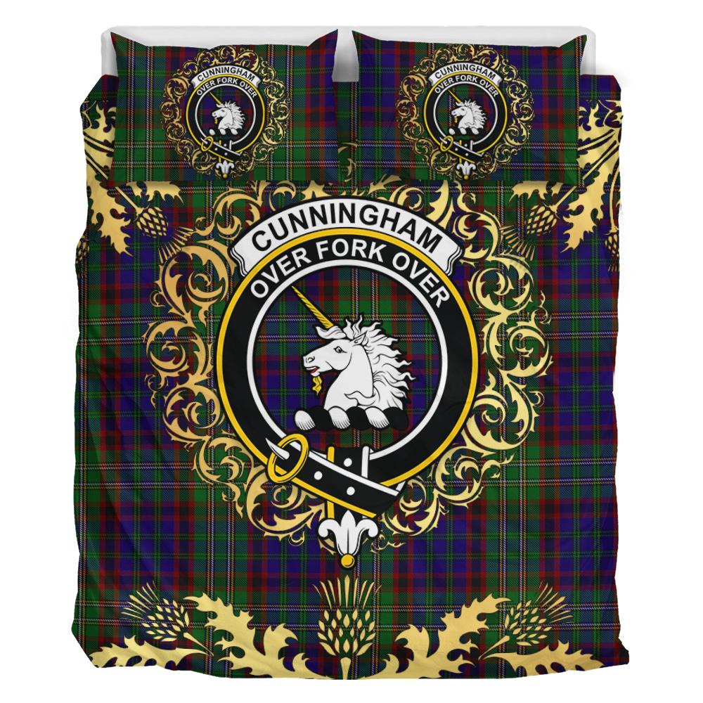 Cunningham Hunting Tartan Crest Bedding Set - Golden Thistle Style