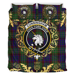 Cunningham Hunting Tartan Crest Bedding Set - Golden Thistle Style