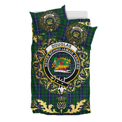 Douglas Green Tartan Crest Bedding Set - Golden Thistle Style
