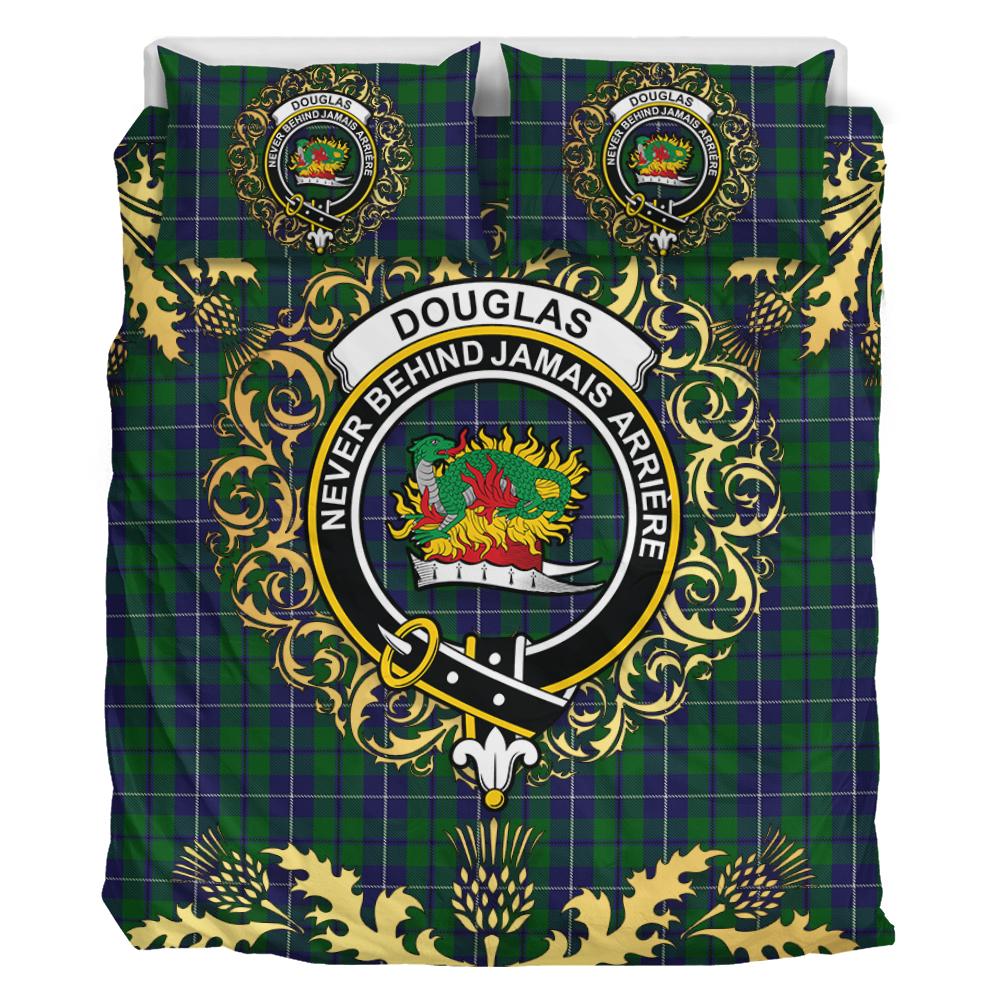 Douglas Green Tartan Crest Bedding Set - Golden Thistle Style