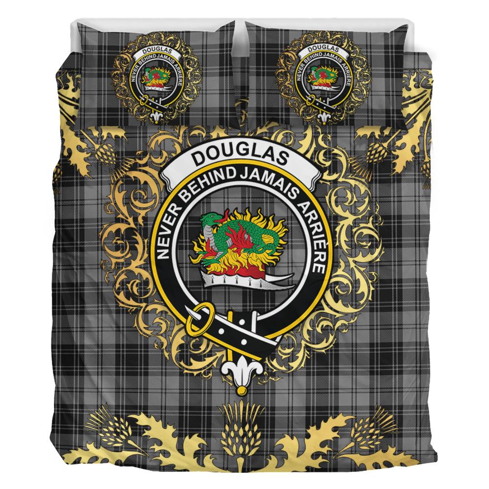 Douglas Grey Tartan Crest Bedding Set - Golden Thistle Style