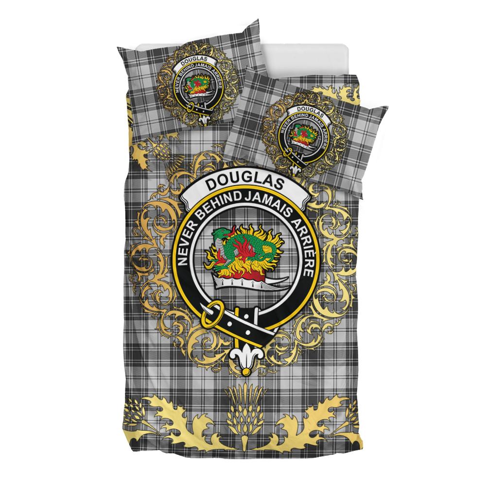 Douglas Grey Modern Tartan Crest Bedding Set - Golden Thistle Style