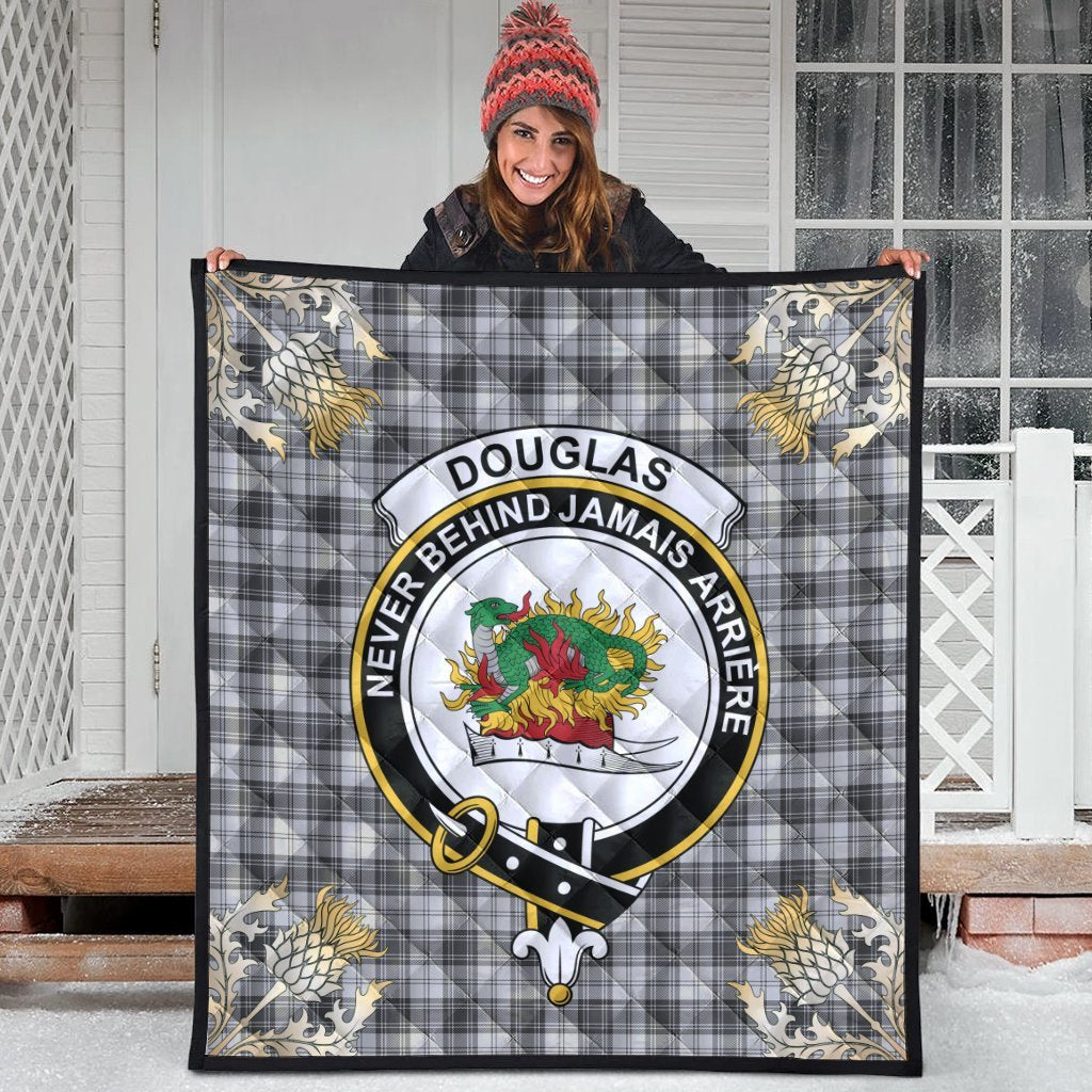 Douglas Grey Modern Tartan Crest Premium Quilt - Gold Thistle Style