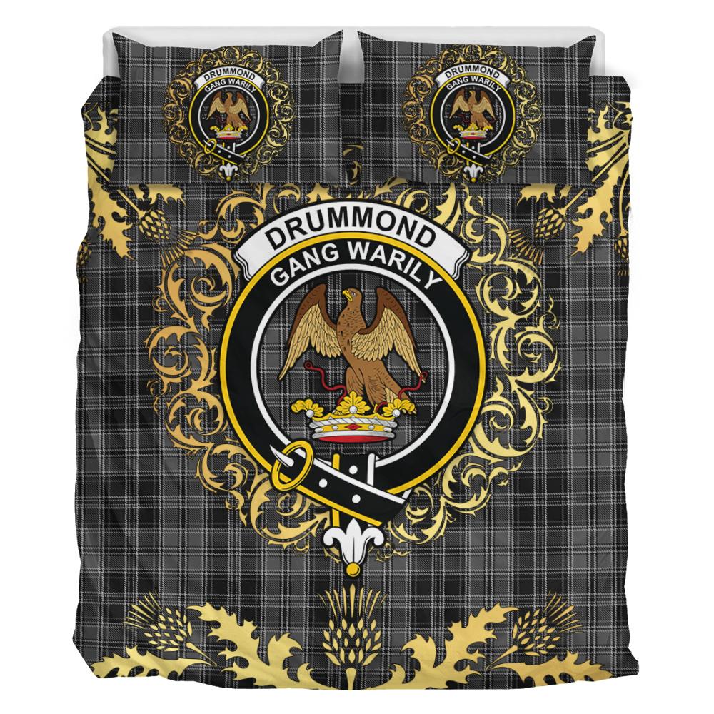 Drummond Grey Tartan Crest Bedding Set - Golden Thistle Style