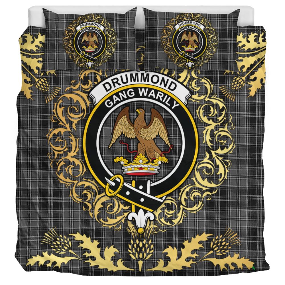 Drummond Grey Tartan Crest Bedding Set - Golden Thistle Style
