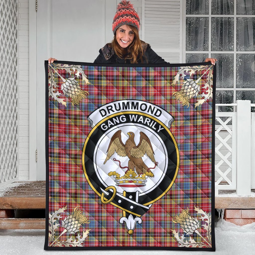 Drummond of Strathallan Tartan Crest Premium Quilt - Gold Thistle Style