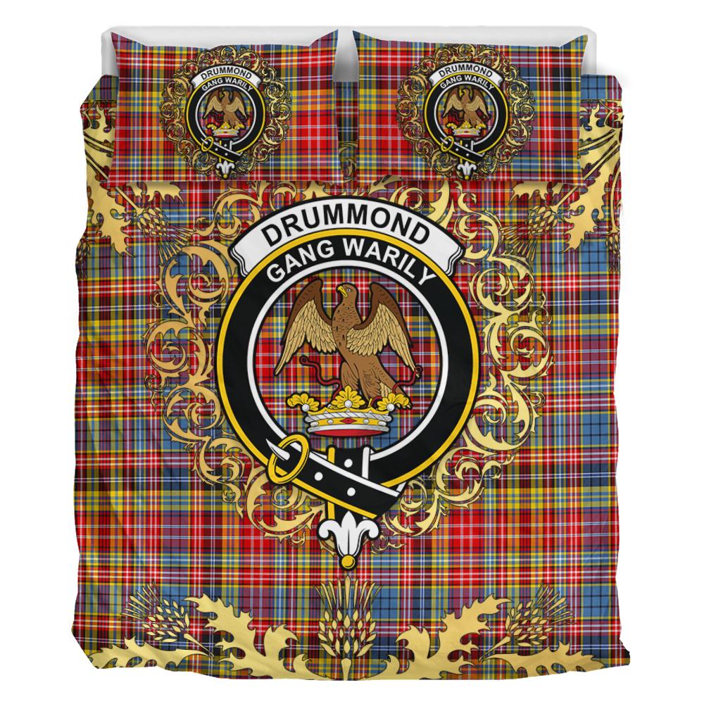 Drummond of Strathallan Tartan Crest Bedding Set - Golden Thistle Style