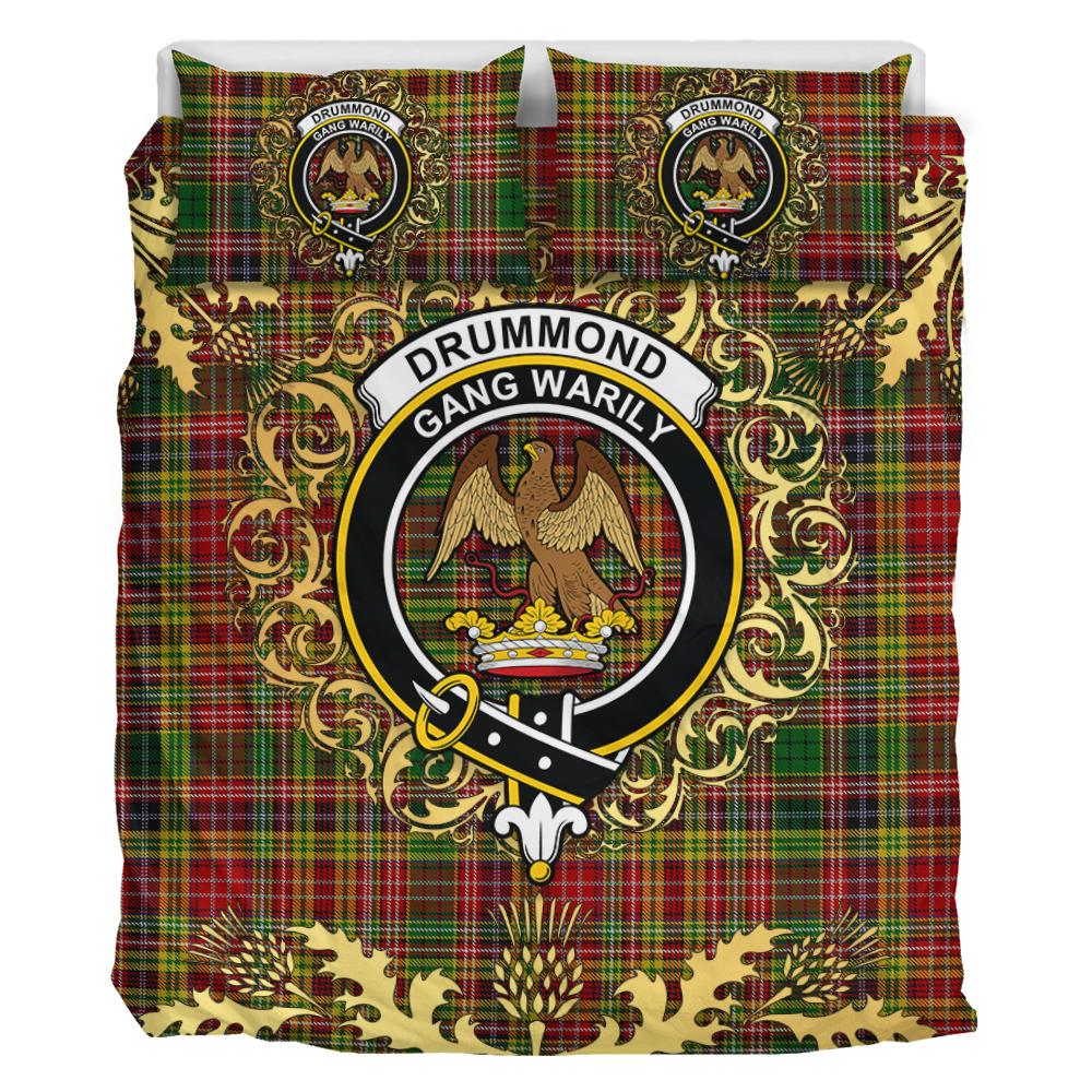Drummond of Strathallan or Ogilvy Tartan Crest Bedding Set - Golden Thistle Style