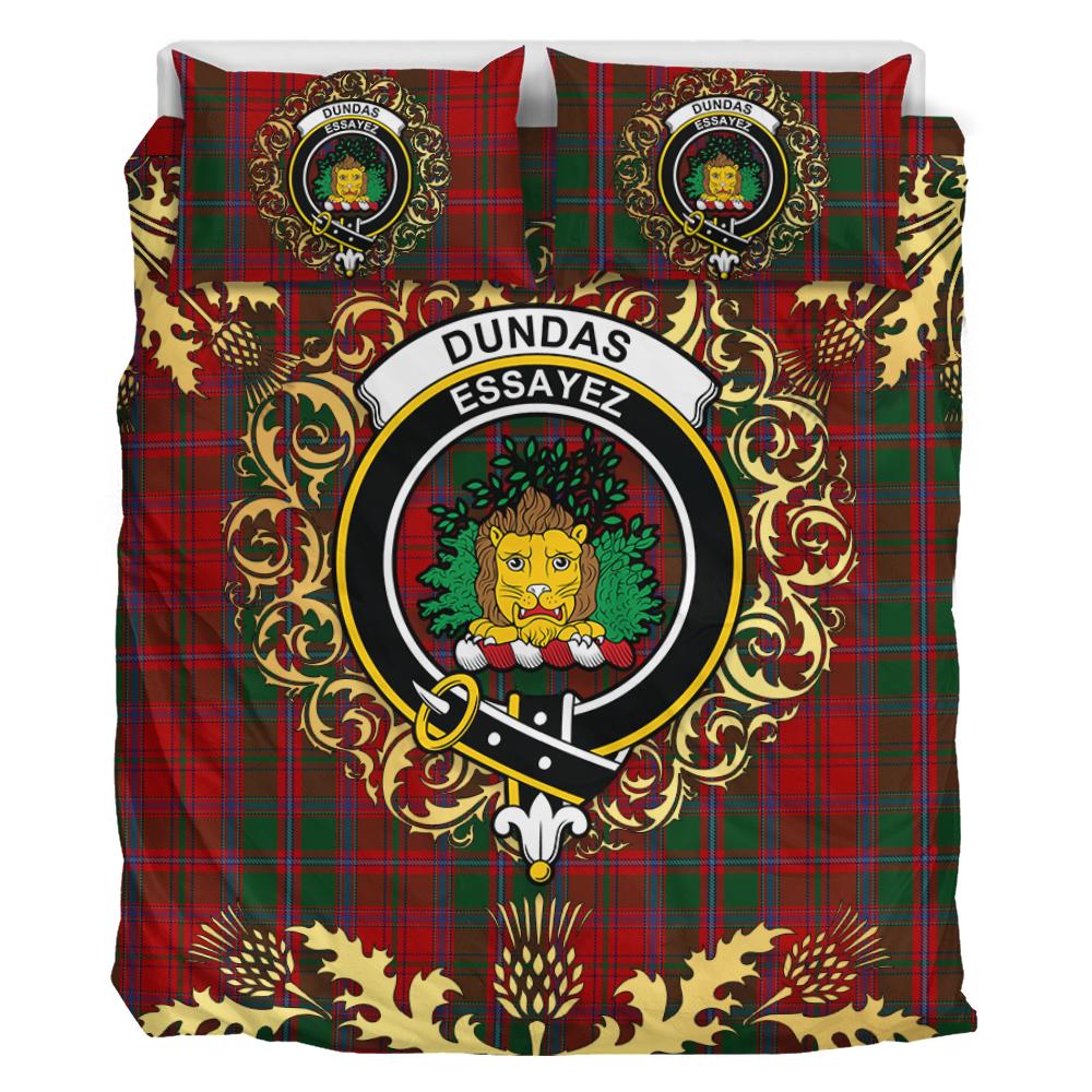 Dundas Red Tartan Crest Bedding Set - Golden Thistle Style