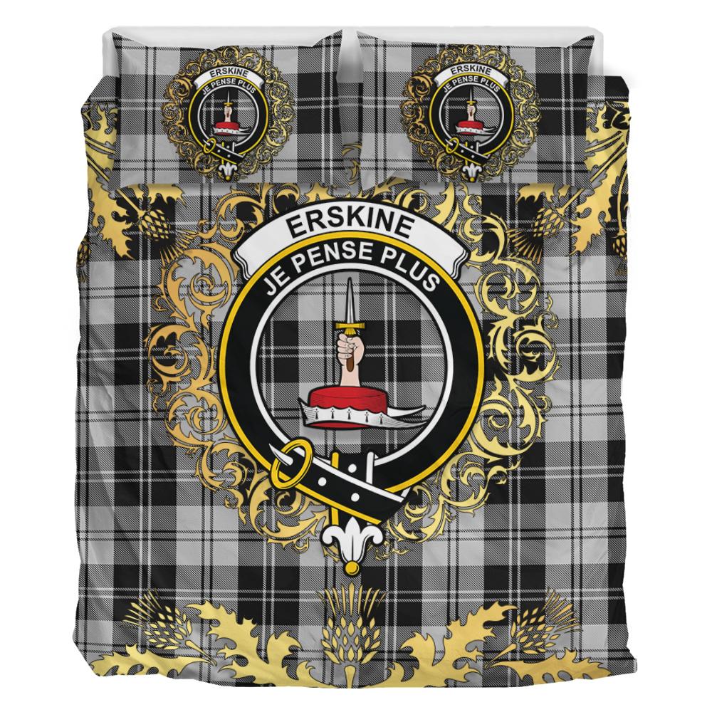 Erskine Black and White Tartan Crest Bedding Set - Golden Thistle Style