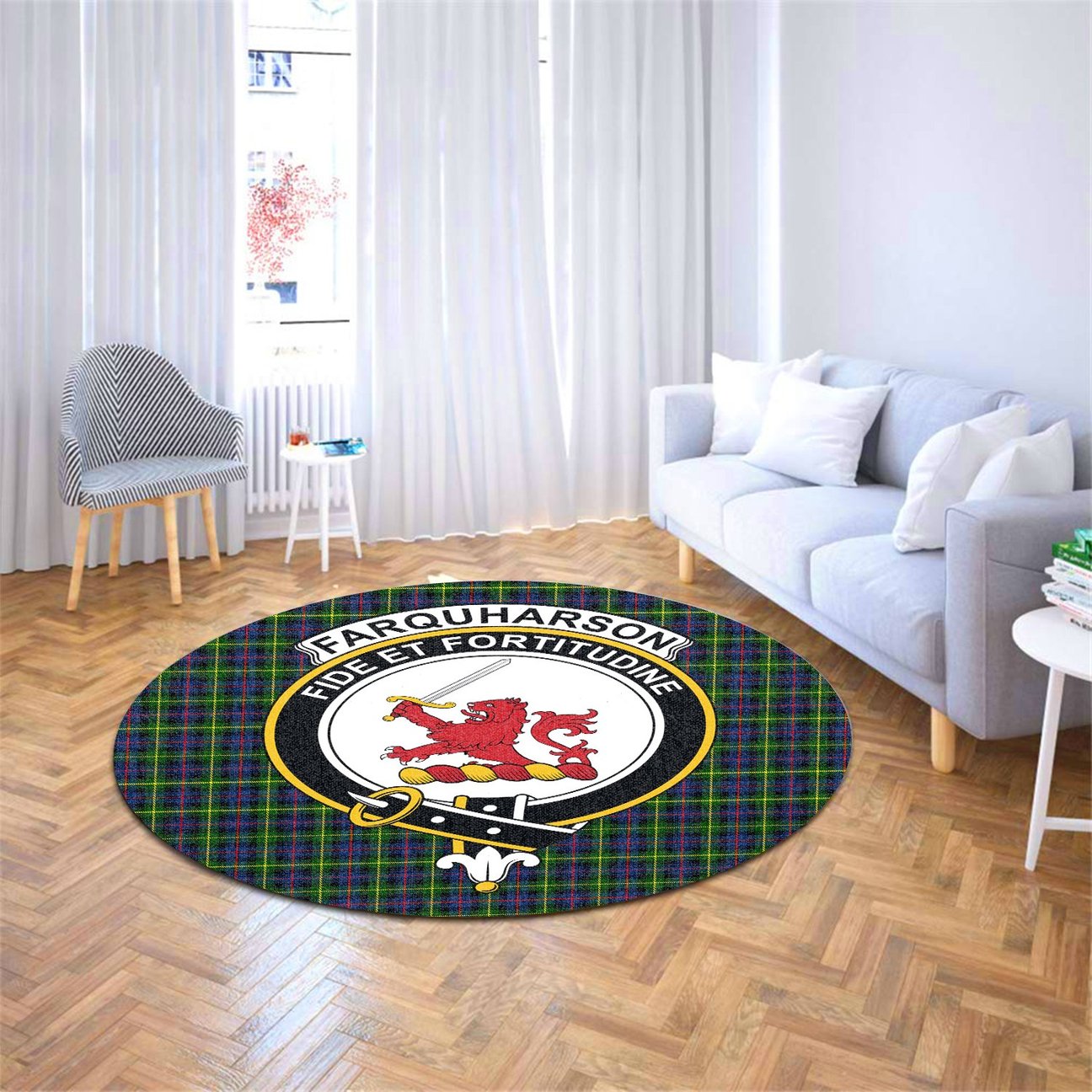 Farquharson Modern Tartan Crest Round Rug