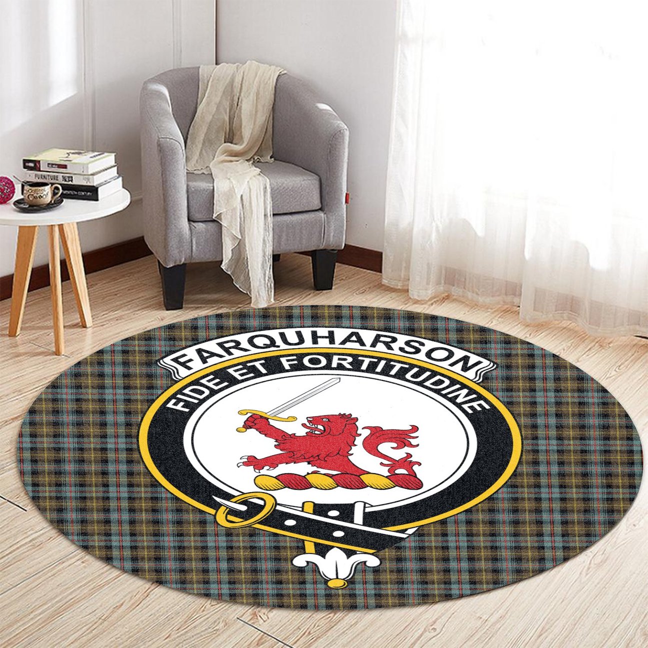 Farquharson Weathered Tartan Crest Round Rug