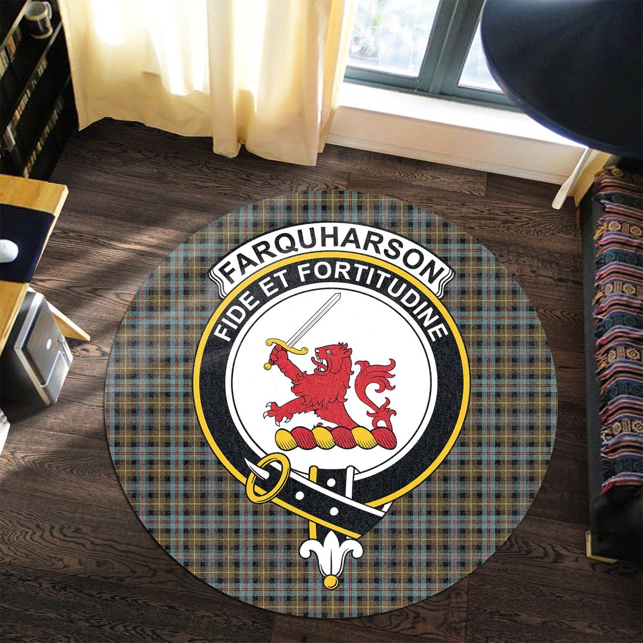 Farquharson Weathered Tartan Crest Round Rug