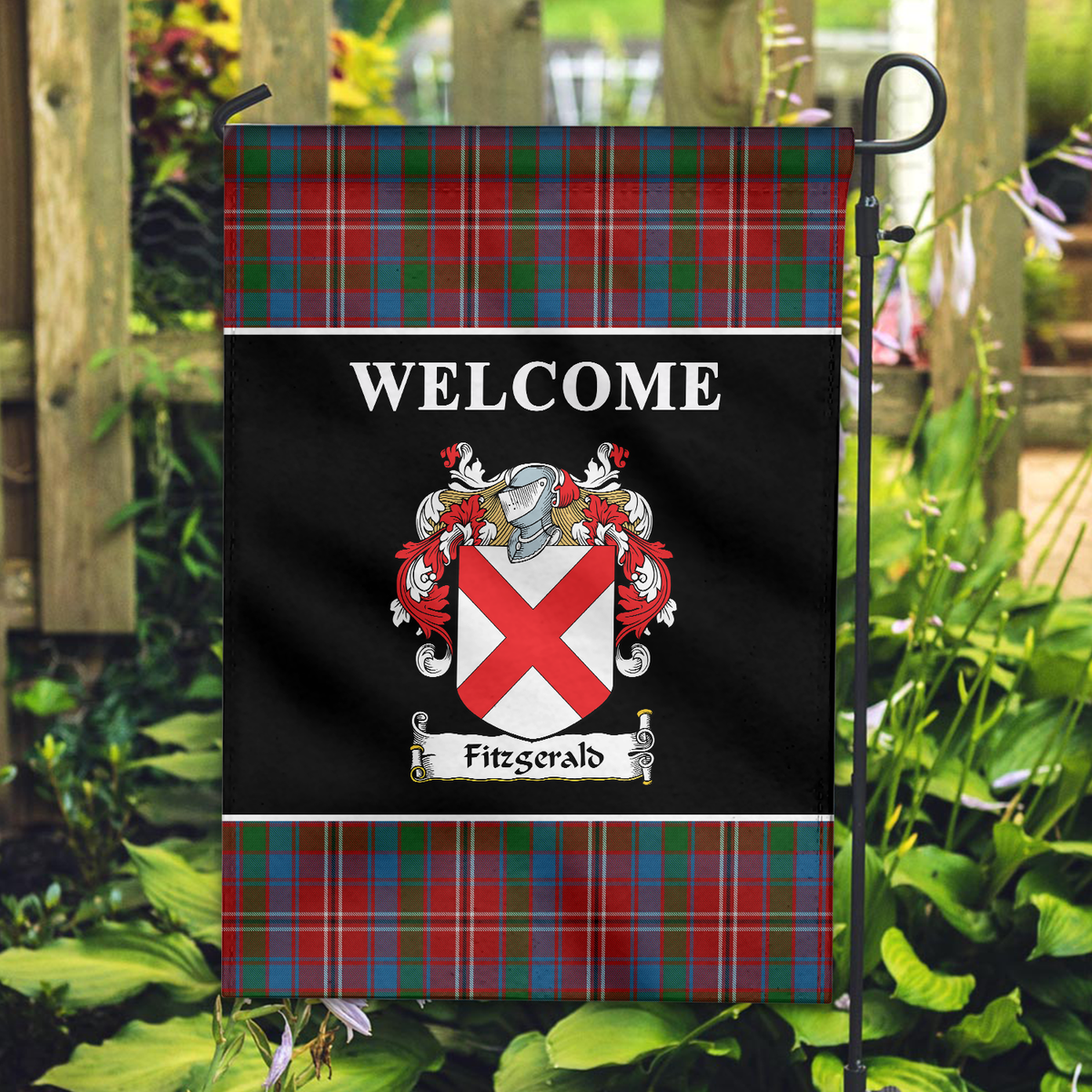 Fitzgerald Red Tartan Crest Black Garden Flag
