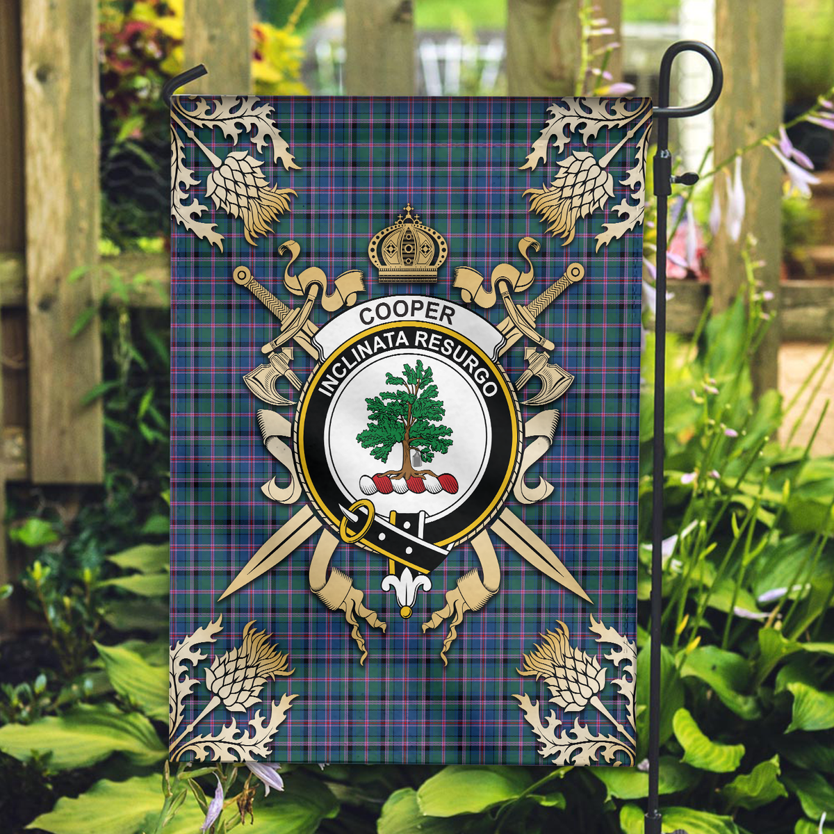 Cooper Ancient Tartan Crest 2 Garden Flag - Gold Thistle Style