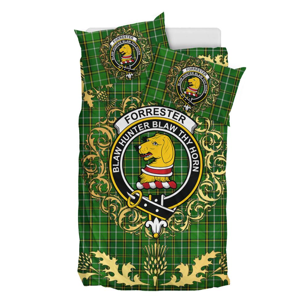 Forrester or Foster Hunting Tartan Crest Bedding Set - Golden Thistle Style