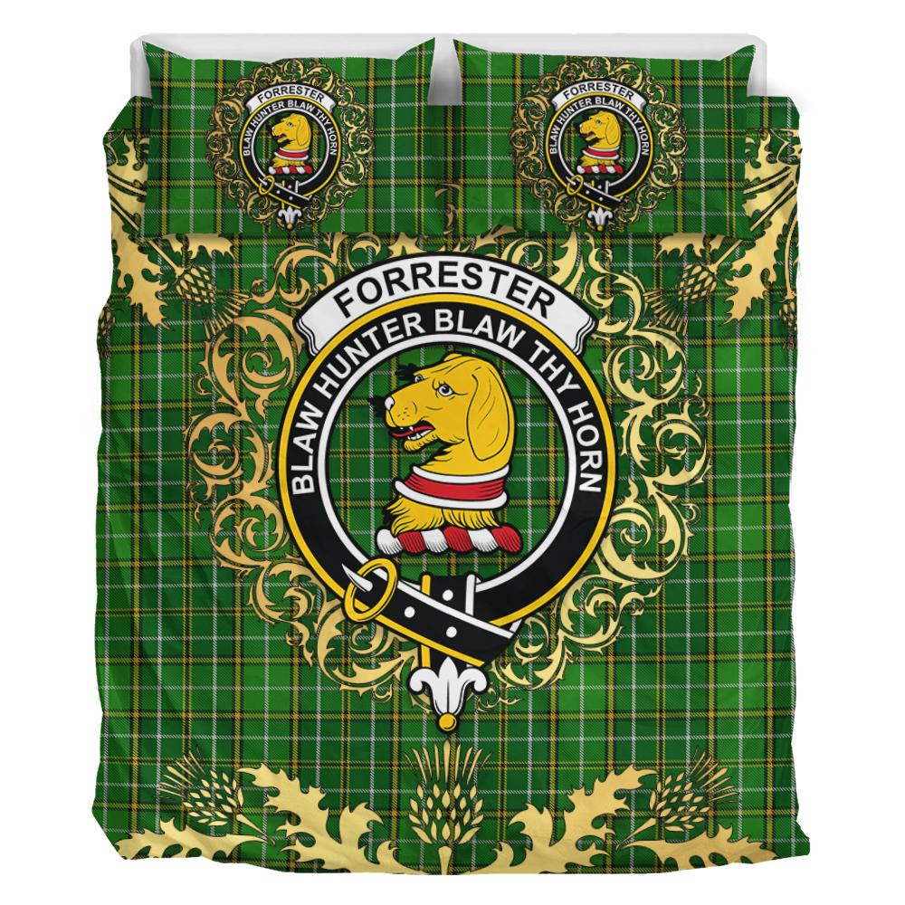 Forrester or Foster Hunting Tartan Crest Bedding Set - Golden Thistle Style