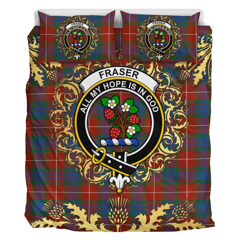 Fraser Ancient Tartan Crest Bedding Set - Golden Thistle Style