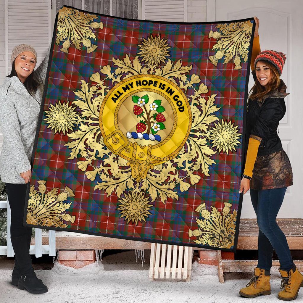 Fraser Ancient Tartan Crest Premium Quilt - Gold Thistle Style