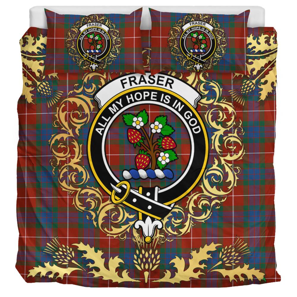 Fraser Ancient Tartan Crest Bedding Set - Golden Thistle Style