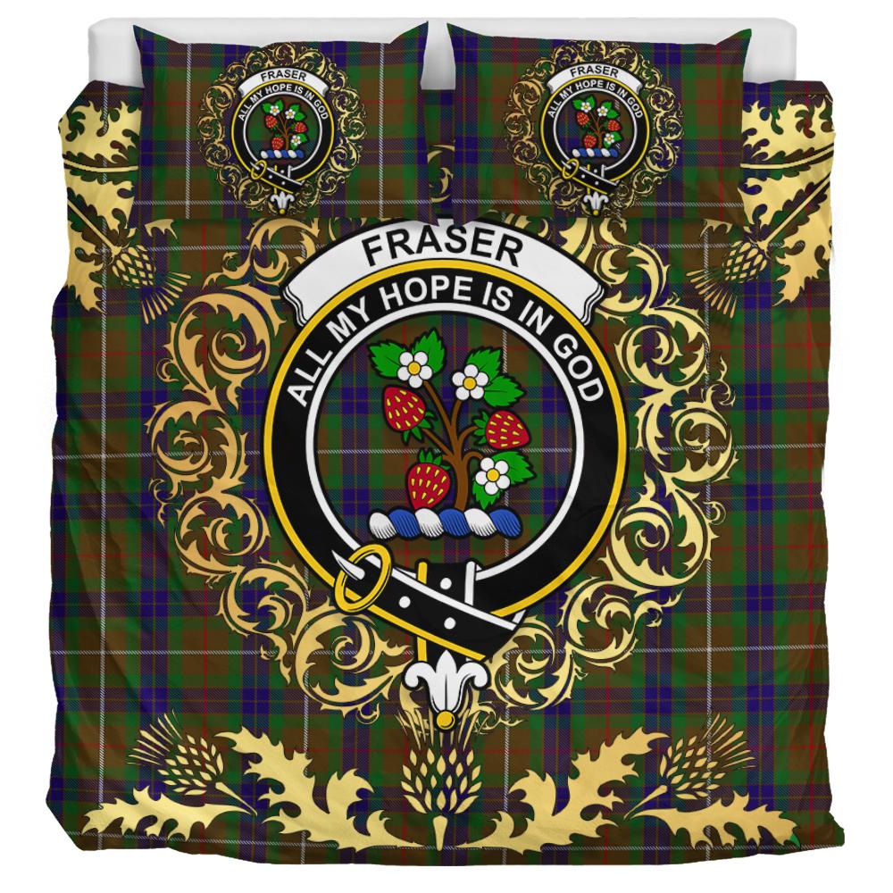 Fraser Hunting 01 Tartan Crest Bedding Set - Golden Thistle Style