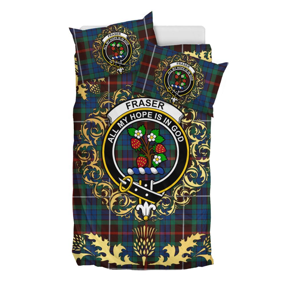 Fraser Hunting Ancient Tartan Crest Bedding Set - Golden Thistle Style