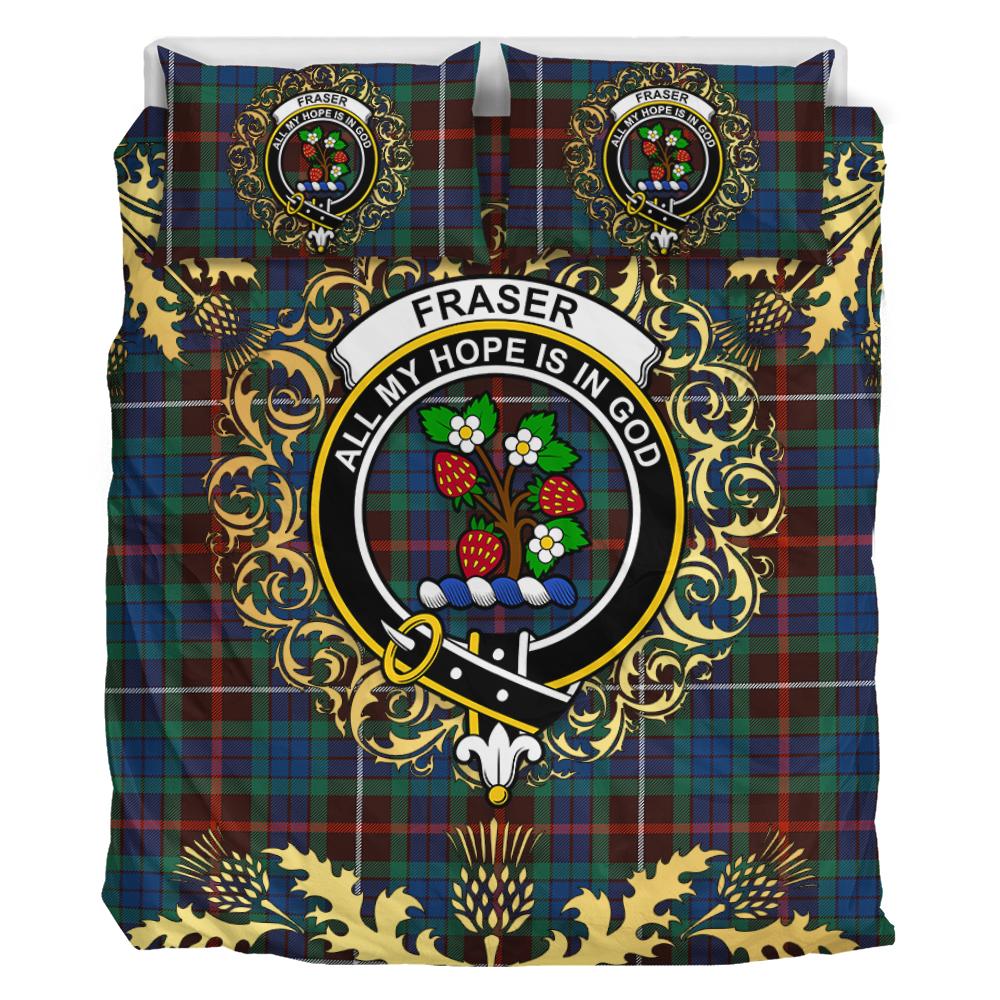 Fraser Hunting Ancient Tartan Crest Bedding Set - Golden Thistle Style