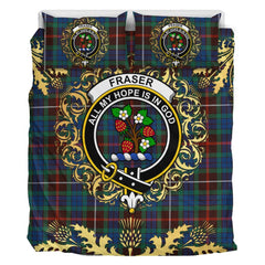 Fraser Hunting Ancient Tartan Crest Bedding Set - Golden Thistle Style