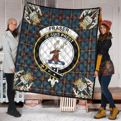 Fraser Hunting Ancient Tartan Crest Premium Quilt - Gold Thistle Style