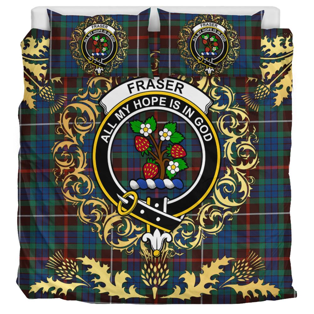 Fraser Hunting Ancient Tartan Crest Bedding Set - Golden Thistle Style
