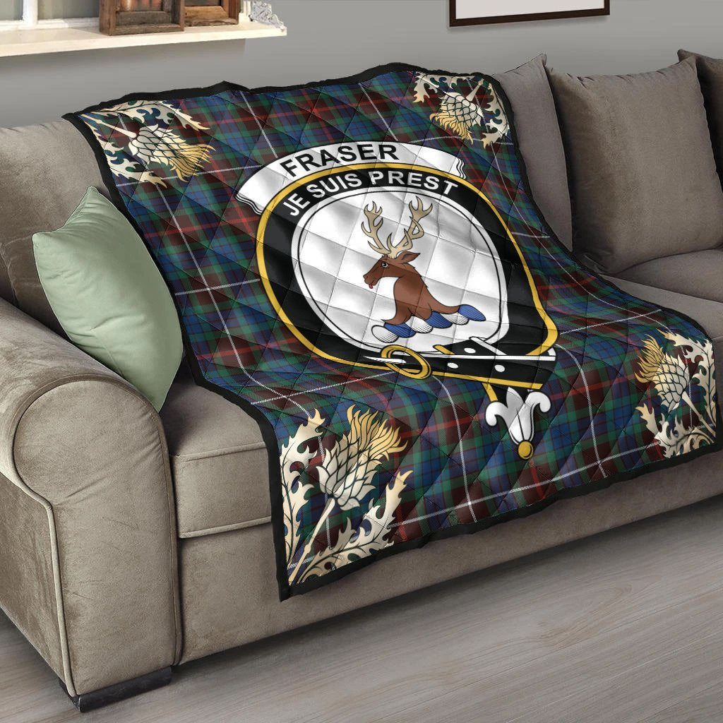Fraser Hunting Ancient Tartan Crest Premium Quilt - Gold Thistle Style