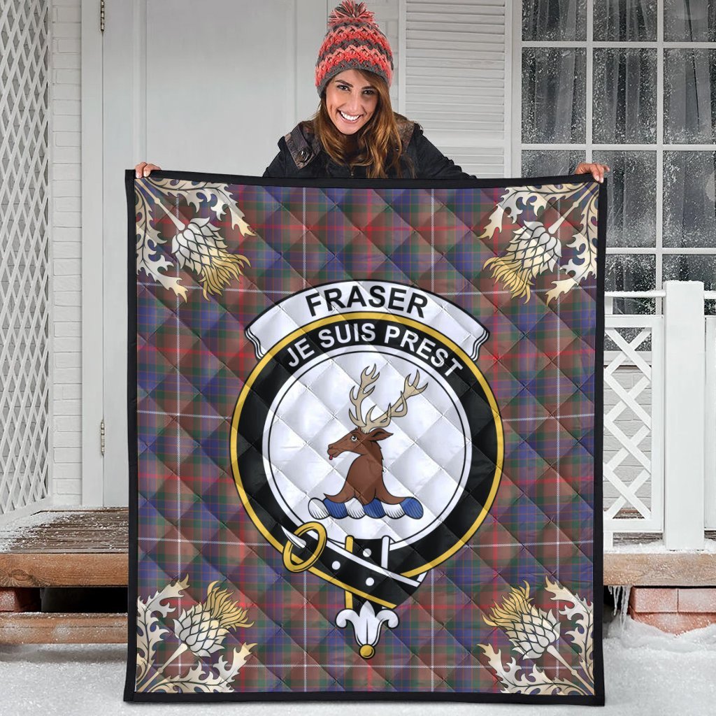 Fraser Hunting Modern Tartan Crest Premium Quilt - Gold Thistle Style