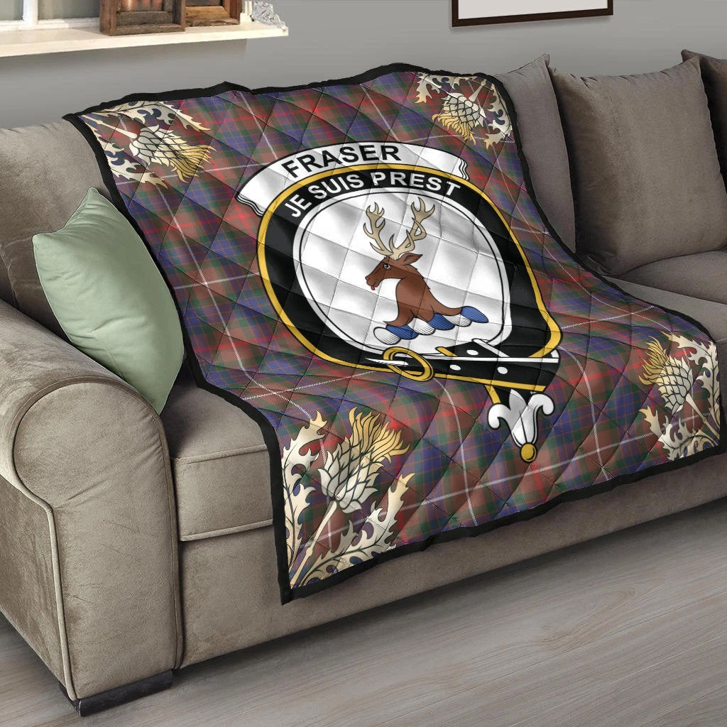 Fraser Hunting Modern Tartan Crest Premium Quilt - Gold Thistle Style