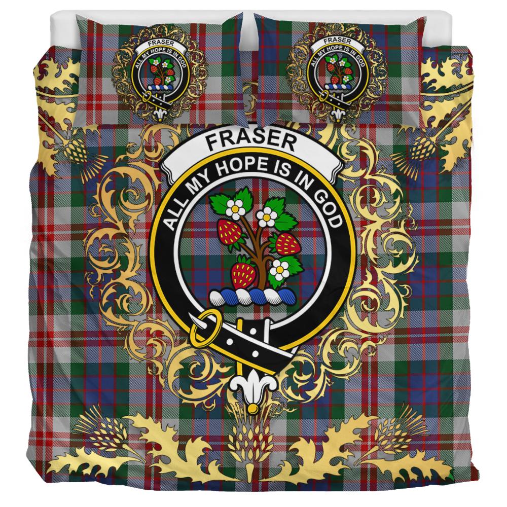 Fraser Red Dress Tartan Crest Bedding Set - Golden Thistle Style