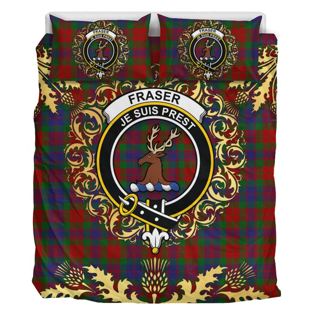 Fraser of Stratherrick Tartan Crest Bedding Set - Golden Thistle Style