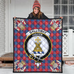 Galloway Red Tartan Crest Premium Quilt - Gold Thistle Style