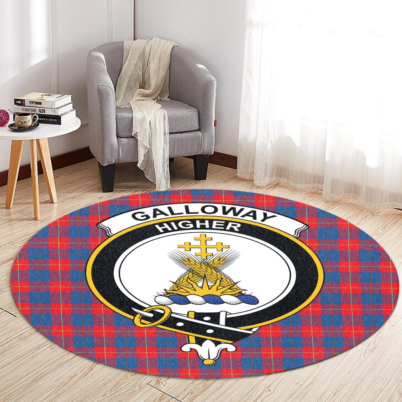 Galloway Red Tartan Crest Round Rug