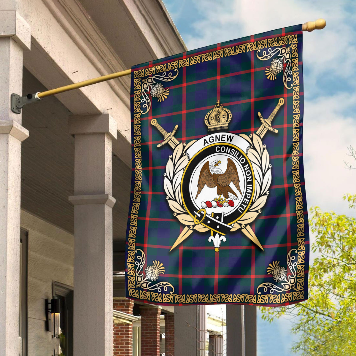 Agnew Modern Tartan Crest Garden Flag - Celtic Thistle Style