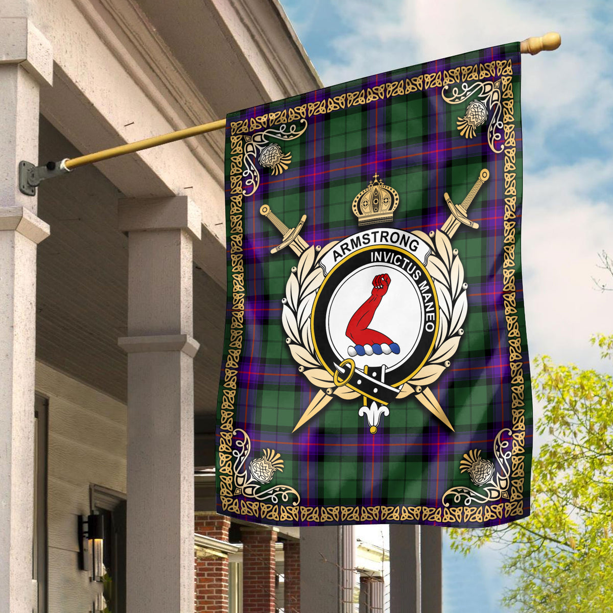 Armstrong Modern Tartan Crest Garden Flag - Celtic Thistle Style