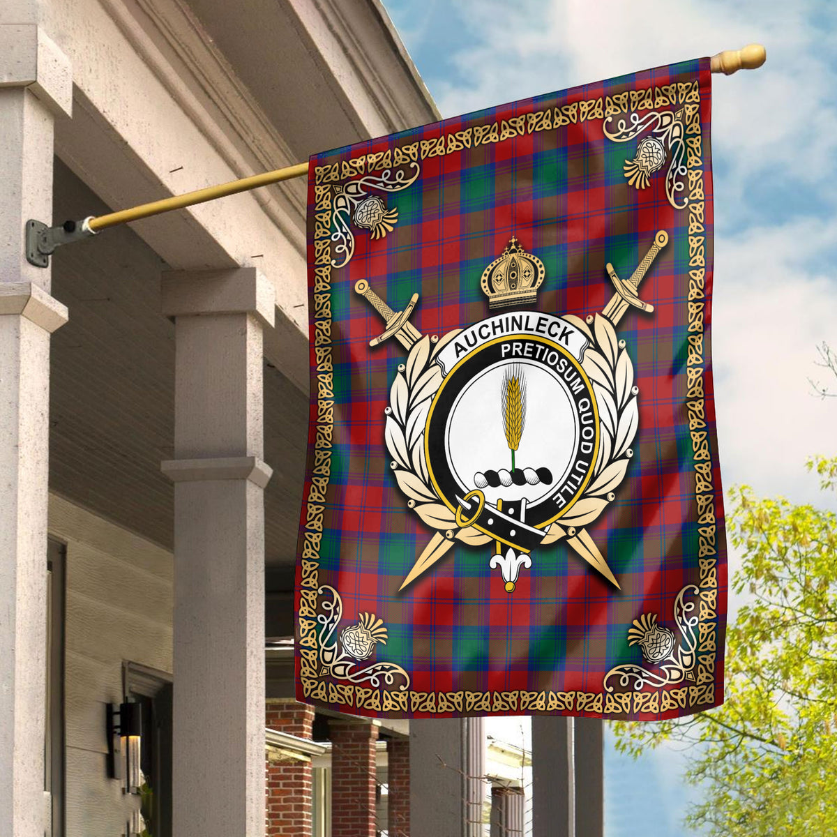 Auchinleck Tartan Crest Garden Flag - Celtic Thistle Style