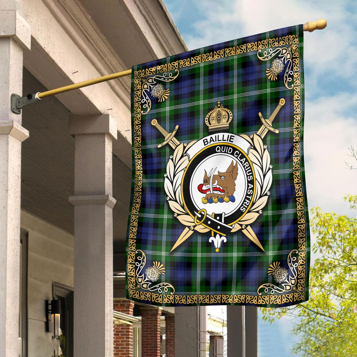 Baillie Modern Tartan Crest Garden Flag - Celtic Thistle Style