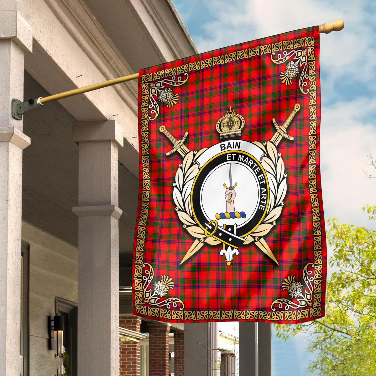 Bain Tartan Crest Garden Flag - Celtic Thistle Style