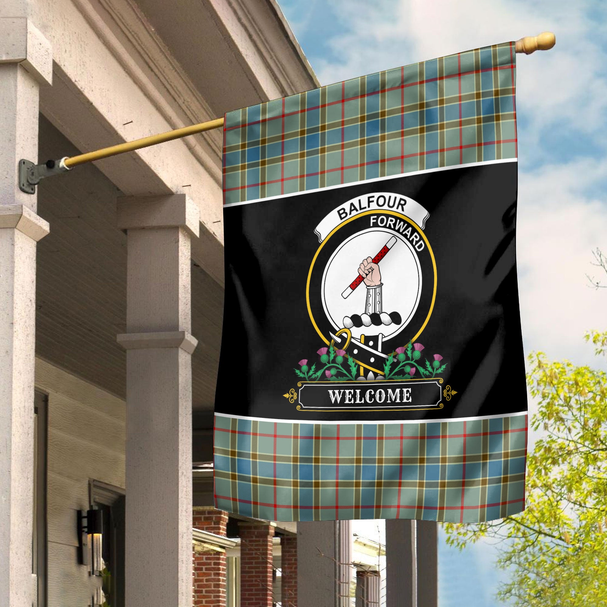 Balfour Blue Tartan Crest Garden Flag - Welcome Style