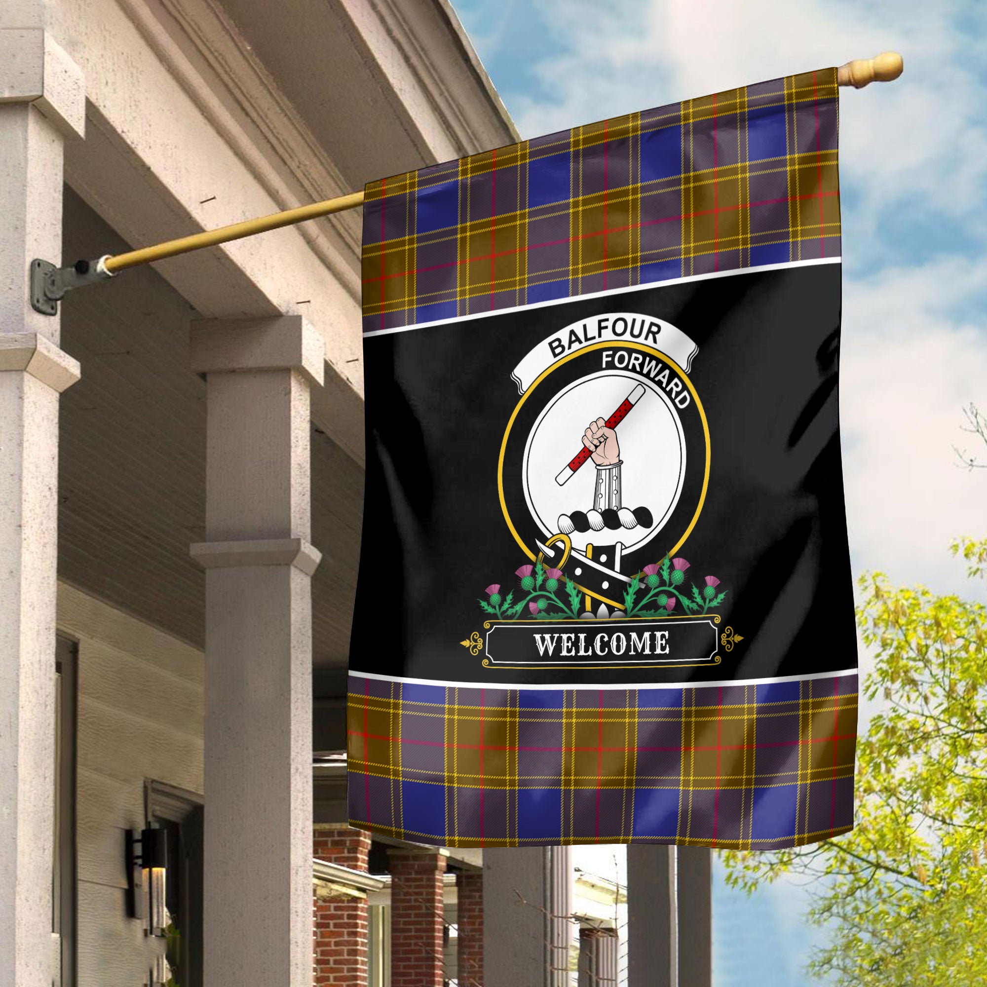 Balfour Modern Tartan Crest Garden Flag - Welcome Style