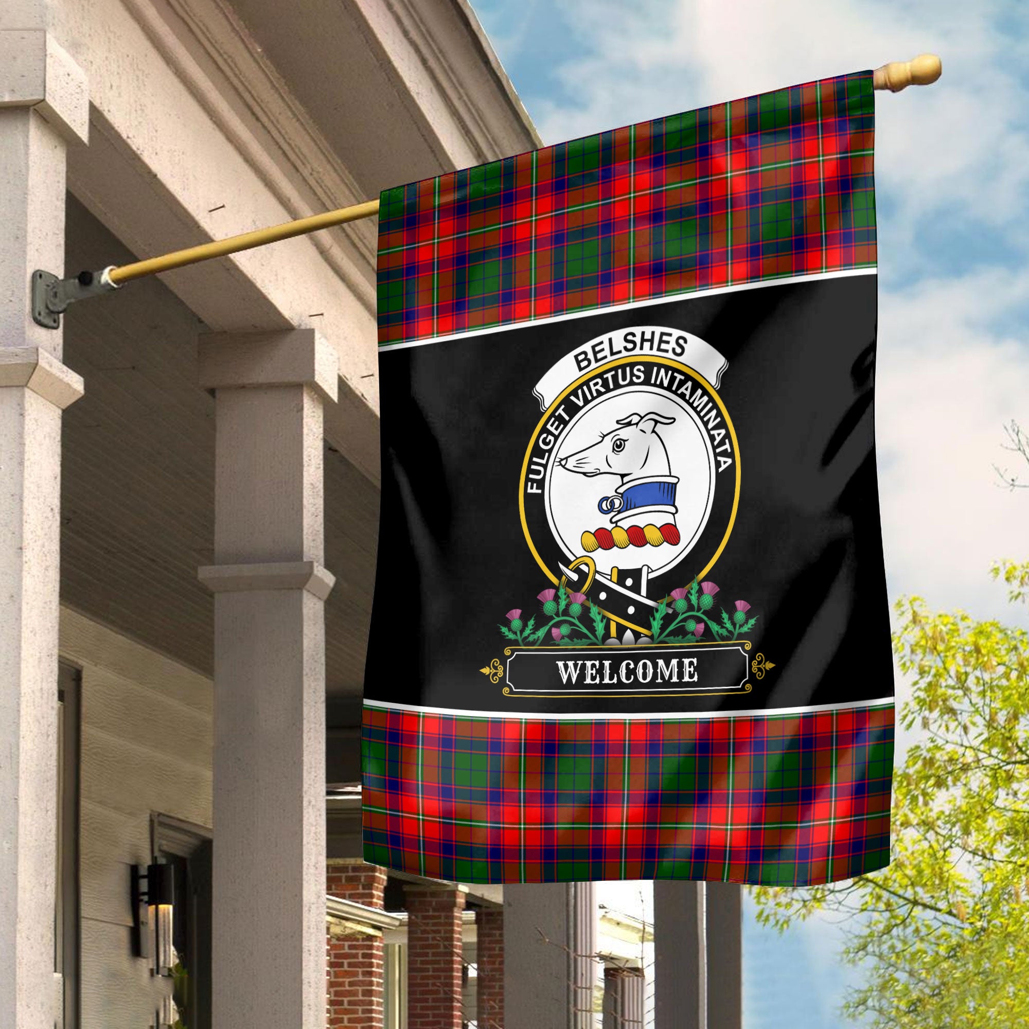 Belshes Tartan Crest Garden Flag - Welcome Style