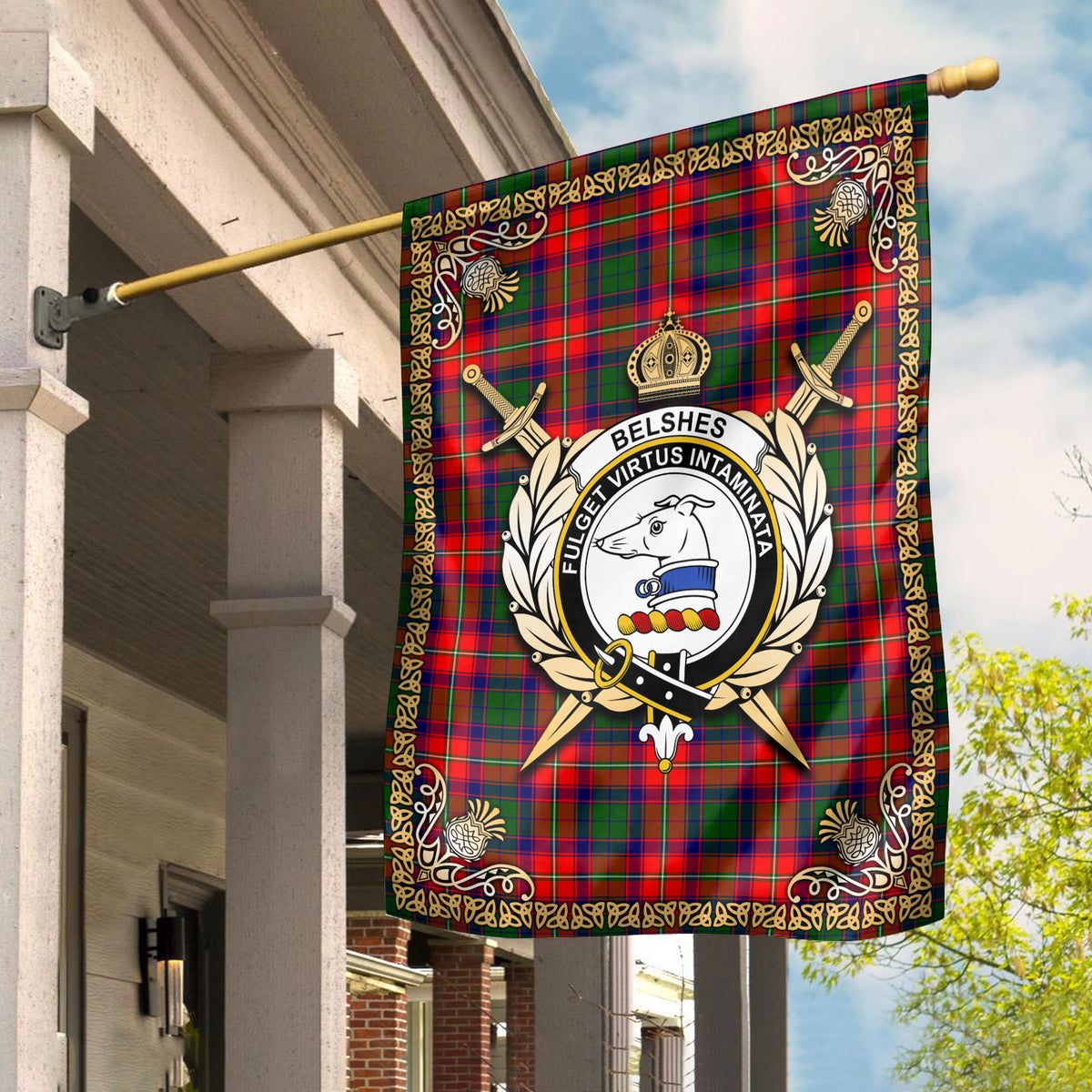 Belshes Tartan Crest Garden Flag - Celtic Thistle Style