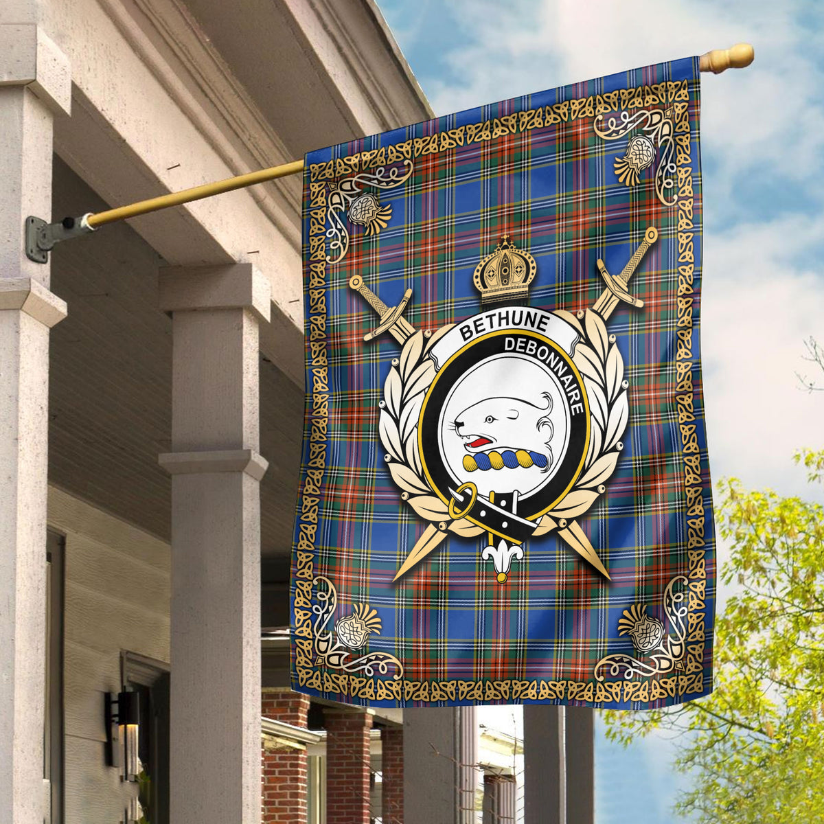 Bethune Ancient Tartan Crest Garden Flag - Celtic Thistle Style